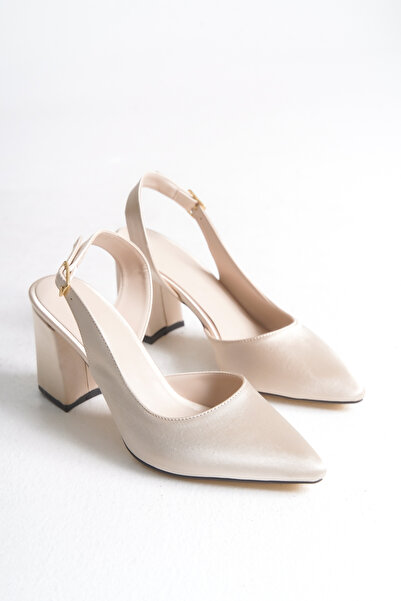 LEVONYA حذاء نسائي بكعب سميك مدبب مفتوح من الجانب مصنوع من الساتان البيج