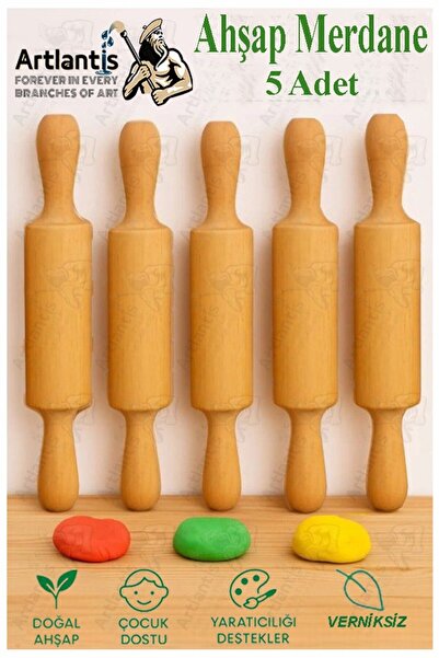 Artlantis Ahşap Merdane 17 cm 5 Adet Okul Öncesi Oyun Hamuru Şekillendirici v...