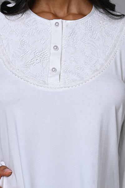 Lohussa Women's Ecru Jacquard Shawl Collar Lace Winter Special Design Maternity Pajama Set