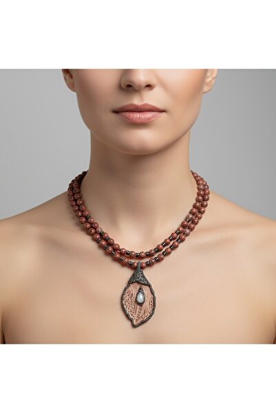 elinasaccessories Özel Tasarım Bakır Markazit Kolye Kuvars Kolye Doğal Taş Kolye Kahverengi Şık Kolye