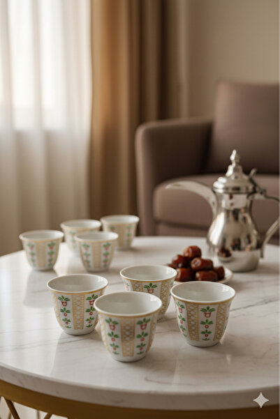 Urbanza طقم فناجين قهوة عربية من ١٢ قطعة | فناجين فنجان بورسلين فاخرة بحافة ذهبية بتصميم تقليدي