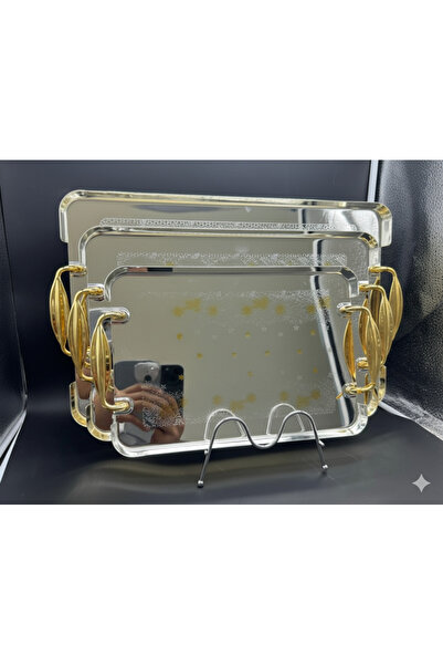 Urbanza طقم صواني تقديم فضية فاخرة بمقابض ذهبية - 3 قطع G11-3903