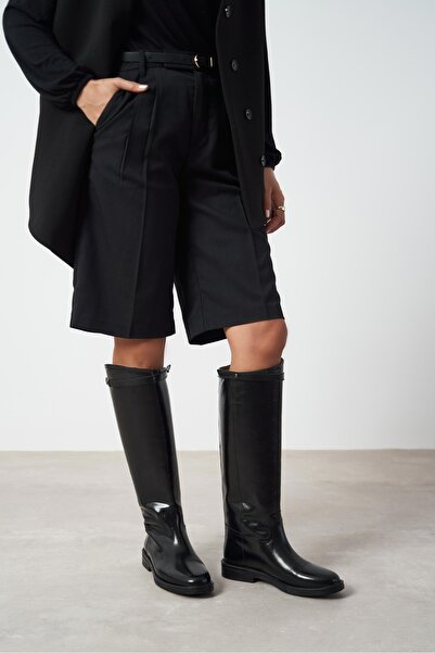 NİŞANTAŞI SHOES Lizbon Siyah Rustik Desen Yuvarlak Burun Düz Taban Kadın Çizme