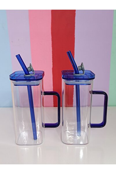 DEKOR ZÜCCACİYE HOME 2-Piece Lavin Long Blue Mug with Straw Lid and Handle Cold Coffee Cup