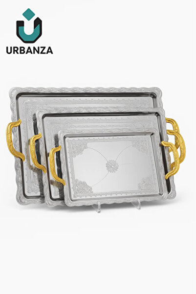 Urbanza طقم صواني تقديم فضية من ثلاث قطع بمقابض ذهبية | صواني شاي وقهوة معدنية مستطيلة أنيقة