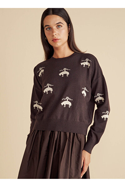 BROOKS BROTHERS Bisiklet Yaka Standart Bej Melanj Kadın Kazak Logolu Bisiklet...