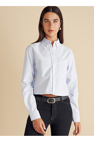 BROOKS BROTHERS Regular Fit Gömlek Yaka Mavi Kadın Gömlek %100 Pamuk Logo Nakışlı Crop Oxford