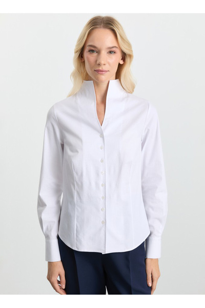Selen Dik Yaka Düz Beyaz Kadın Bluz 25KSL8281