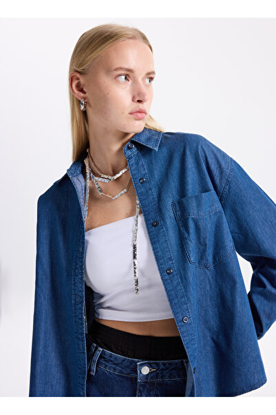 Benetton Normal Gömlek Yaka Mavi Kadın Gömlek 5DHJDQ0CJ