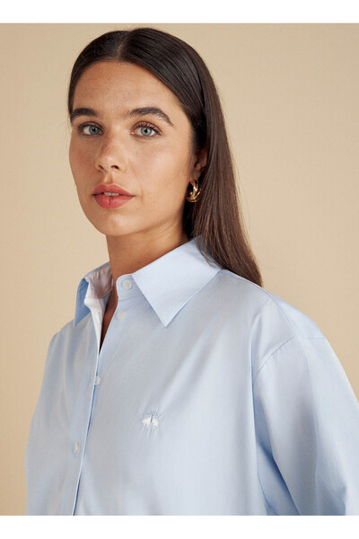 BROOKS BROTHERS Oversize Gömlek Yaka Mavi Kadın Gömlek %100 Pamuk Kontrast Garnili Oversiz