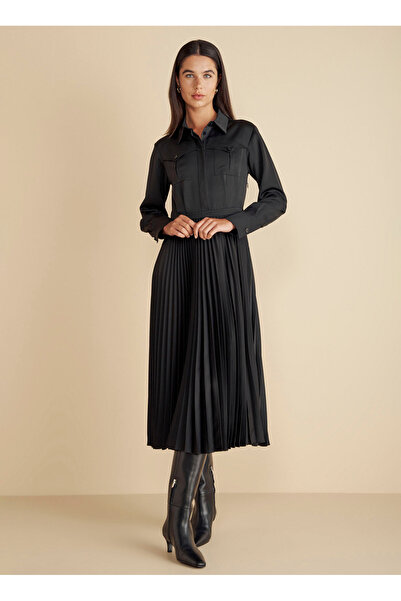 BROOKS BROTHERS Gömlek Yaka Düz Siyah Midi Kadın Elbise Cepli Pliseli Krep Mi...