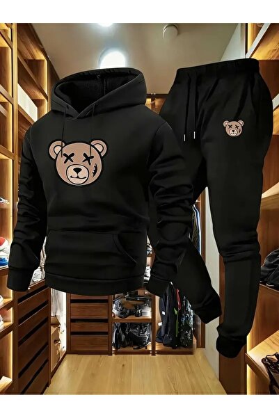 Massgai Unisex Bear Printed Hooded Oversized Bottom-Top Set Cotton Tracksuit Set