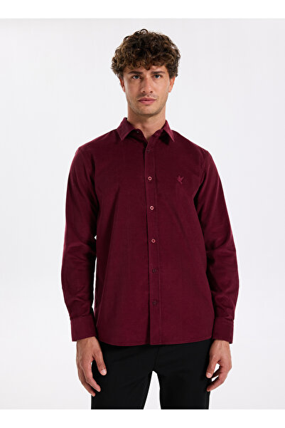 Fabrika Slim Fit Gömlek Yaka Düz Bordo Erkek Gömlek F5WM-GML 2378
