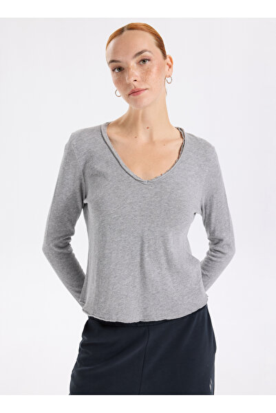 American Vintage V Yaka Gri Kadın T-Shirt SON02BGH25GRISCH