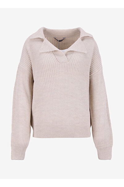 Lee Cooper Polo Neck Regular Fit Striped Ecru Women's Sweater 261 Lcf 241003 Cora Ekru