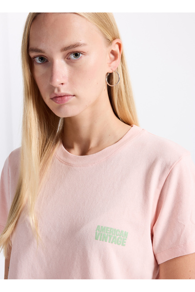 American Vintage Yuvarlak Yaka Düz Pudra Kadın T-Shirt YKO02CH25CAME
