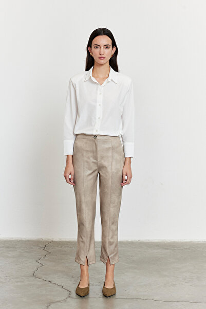 FACETTE Faux Leather Slit Detail Trousers Beige
