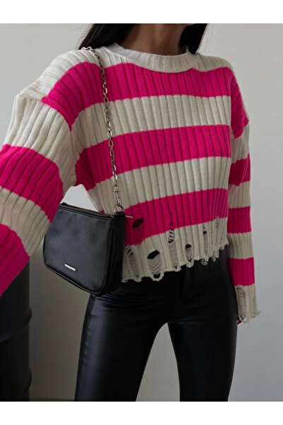 KarşıVitrin Pink Striped Knit Sweater with Ripped Detail