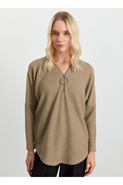 Selen V Yaka Düz Vizon Kadın Bluz 25KSL8219