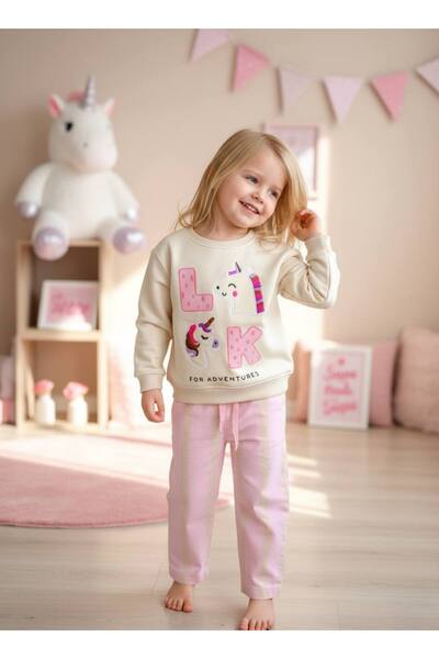 LITTLE CUTE UNICORNS Ekru Sweathshirt ve Pembe Dokuma Pantolon Takım