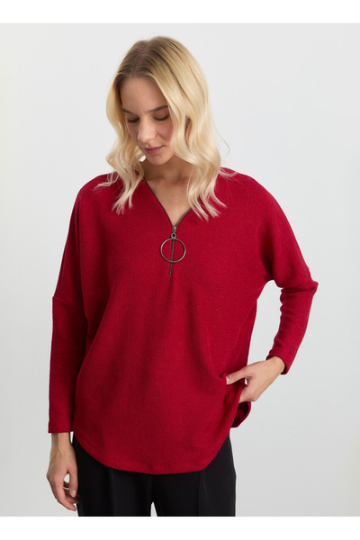 Selen V Yaka Düz Kırmızı Kadın Bluz 25KSL8219