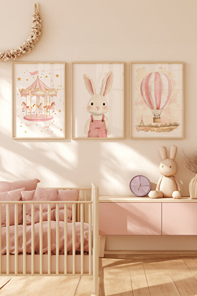 Posteria Sevimli Pudra Pembesi, Doğal Ahşap Çerçeveli Tablo Seti 3'lü Çocuk v...