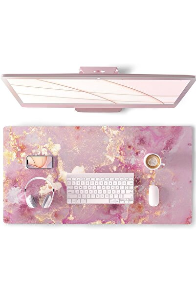Qiyi Large Keyboard & Mouse Desk Mat, PU Leather Desk Protector, 31.5×15.7 in, Rose Gold Marble