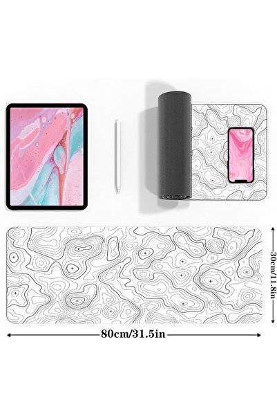 Generic Topographic XL Gaming Mouse Pad, White, 31.5×11.8 in, Non-slip Base, Stitched Edge