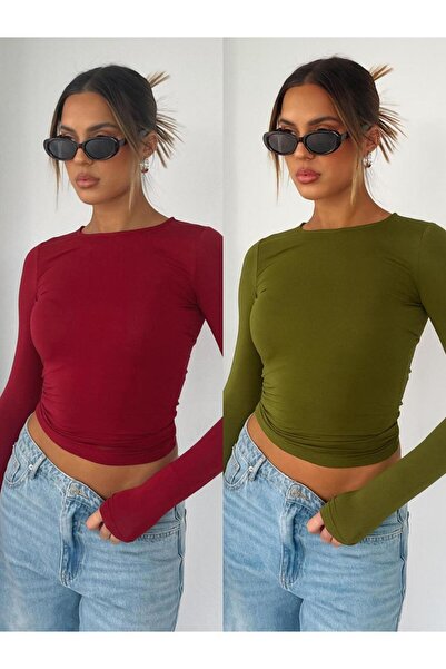 ÖZ PAMUK 2Li̇ Adet Basic Long Sleeve Lycra Bodysuit with Crew Neck