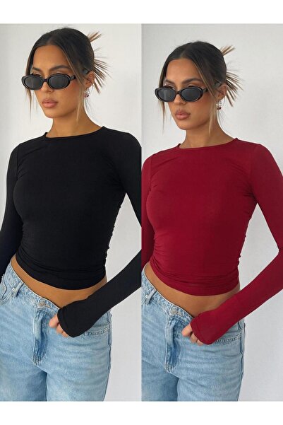 ÖZ PAMUK 2Li̇ Adet Basic Long Sleeve Lycra Bodysuit with Crew Neck