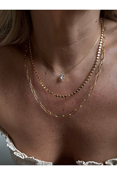 Rossetto Atelier Altın Kaplama Tek Taşlı 3lü Kolye Set