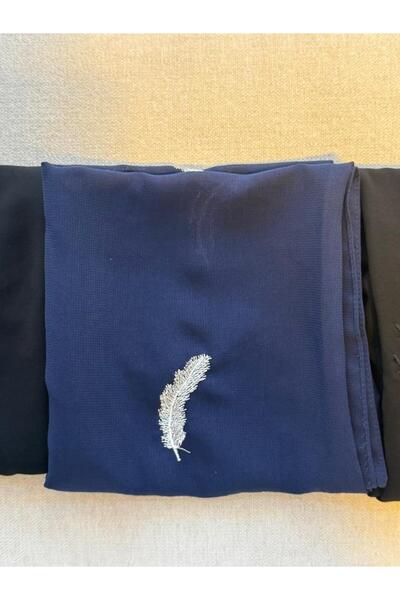 outline طرحة كحلي بتطريز ريش فضي