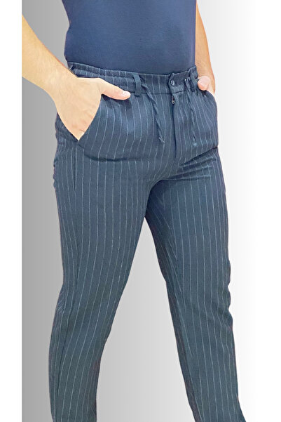 ManKlas Jagger Men's Pants Lycra Lace-Up Detailed Classic Men's Black Striped Jogger Fabric Trousers