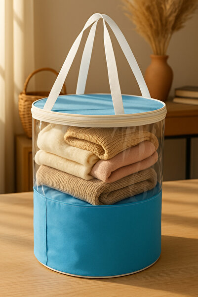 Evvera Şeffaf Silindir Mavi Renk Organizer Çanta – Çok Amaçlı Taşıma ve Saklama Hurcu