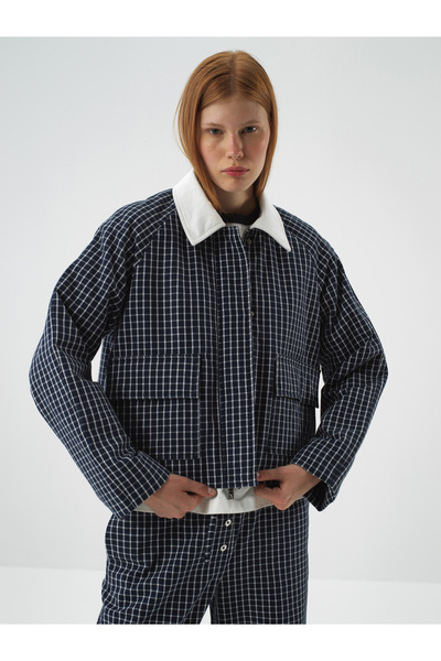 Xint Kadın Lacivert Modern Ekose Oversize Ceket