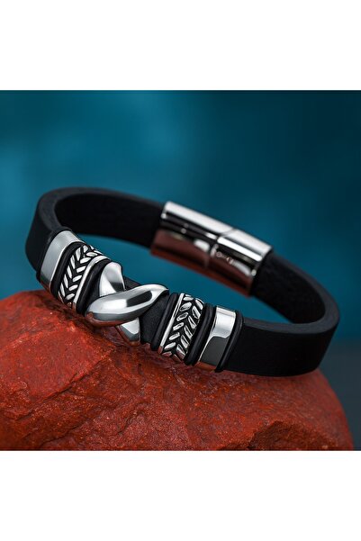 voyageaccessory Black Color, Steel Detail, Stylish and Modern Design, Men's Leather Bracelet with Gift Box