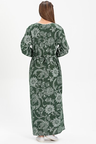 Eliş Şile Bezi Long Sleeve Sile Cloth Printed Long Summer Dress Sycamore Pattern Green Ysl