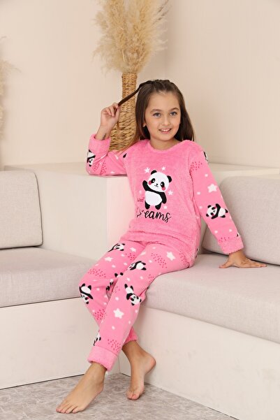 KAPİKİDS Warm, Non-Sweaty, Panda Embroidered, Welsoft, Fleece Girls' Pajama Set
