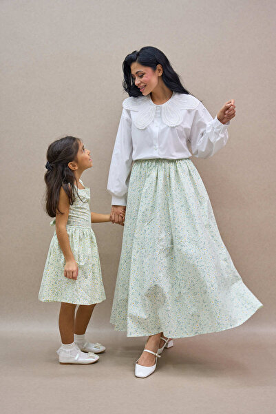 KÜÇÜĞÜM BUTİK Water Green Daisy Balloon Skirt and Girl's Vintage Collar Dress Mother-Daughter Combination (Sold as a Single Item)
