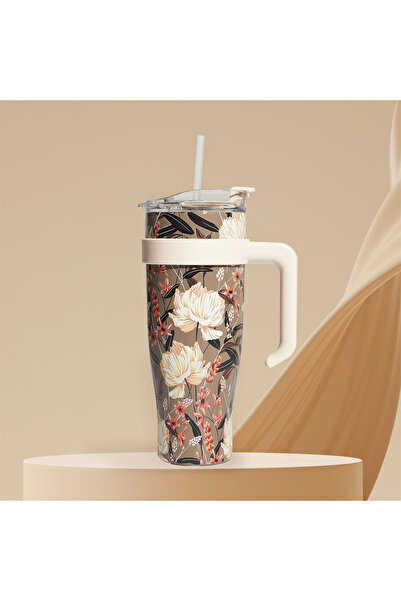 Other THERMAL MUG with handle Fleur 1.2L beige WITH STRAW