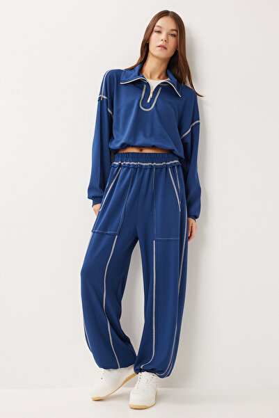 Lovelyİstanbul Kontrast Şeritli Örme Alt-Üst Takım LDM0008 LACİVERT