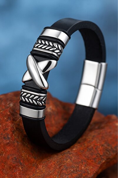 voyageaccessory Black Color, Steel Detail, Stylish and Modern Design, Men's Leather Bracelet with Gift Box