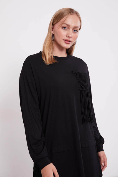 trender Straw Tassel Detailed Black Women's Top and Bottom Set 100807