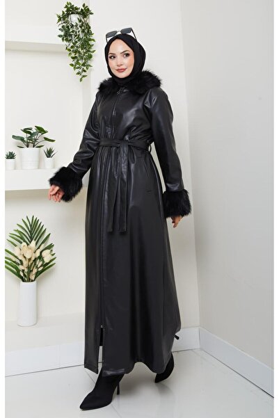 Hb Harma Time Butik Kadın Kürk Detaylı Uzun Astarlı Siyah Kap
