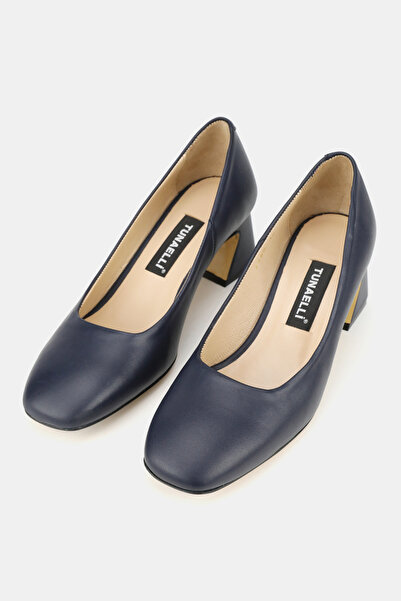 TUNAELLİ Women's Dark Blue Genuine Leather Classic Shoes with Medium Heel, Size 35-41
