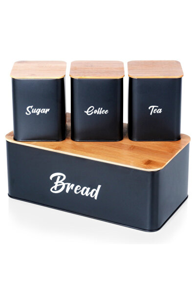 Other Chlebak z pojemnikami na herbatę, kawę, cukier metalowy czarny 4 el.