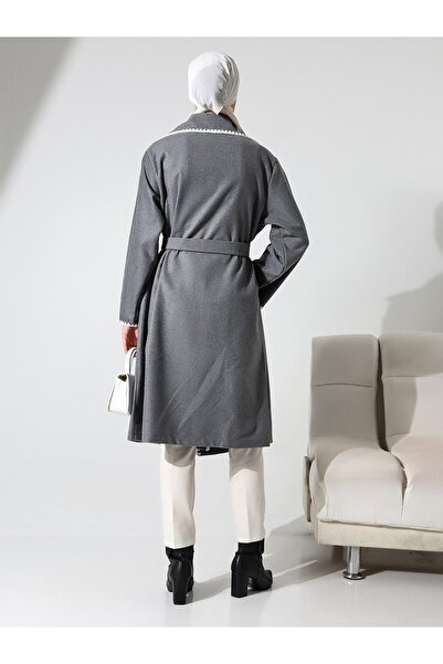 MissRunin Shepherd's Stitch Waist-Tied Cashmere Coat - Gray