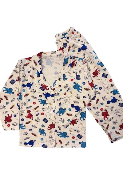 mışıl mışıl kids Σετ πιτζάμες για αγόρια με βαμβακερό λευκό μοτίβο δεινοσαύρω...