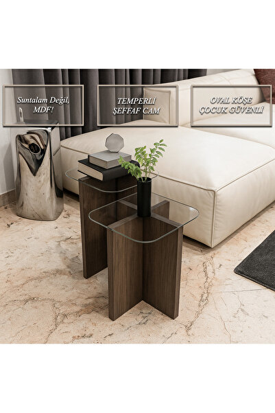 Mimore Modern 2’li Cam Sehpa Takımı – MDF Gövde, Temperli Cam Üst