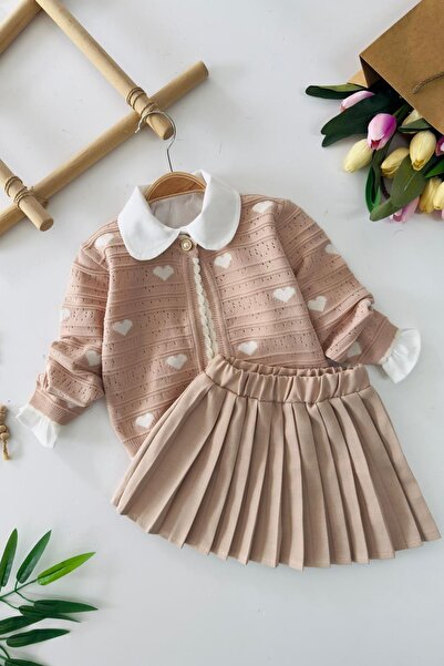 Minigimin Cicileri My Little Girl's Heart Patterned Knitwear Cardigan and Pleated Skirt 3-Piece Girl's Set - Pink
